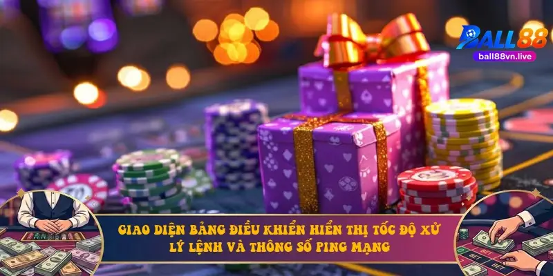 Giao diện bảng điều khiển hiển thị tốc độ xử lý lệnh và thông số ping mạng